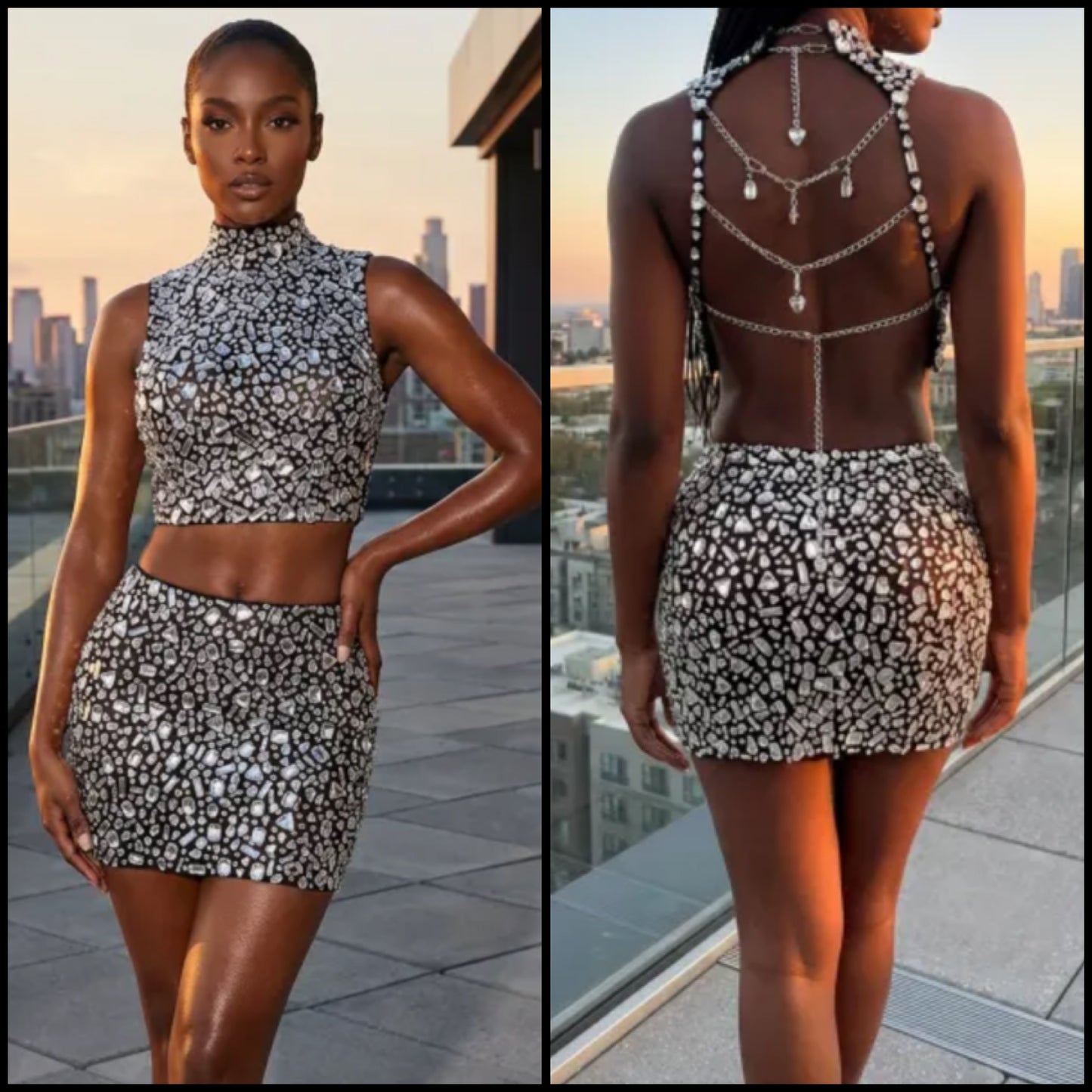 Sexy Sleeveless Chain Open Back Rhinestone Skirt Set