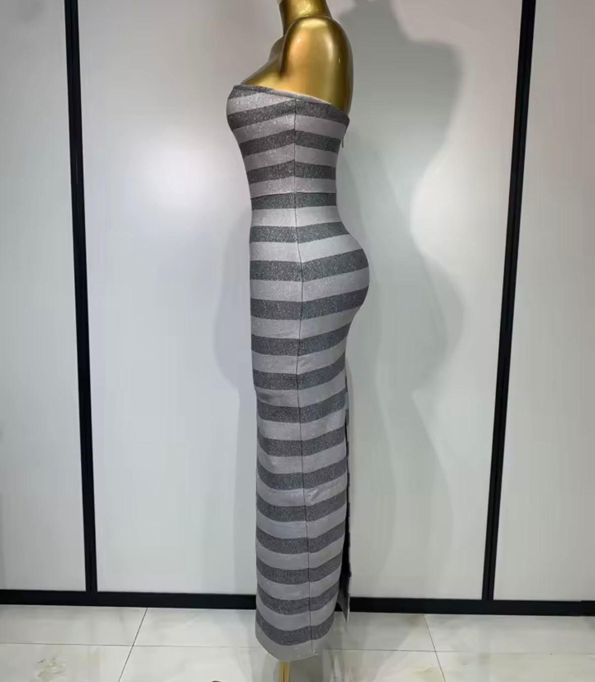 Gray Sexy Strapless Striped Bandage Floor-Length Dress