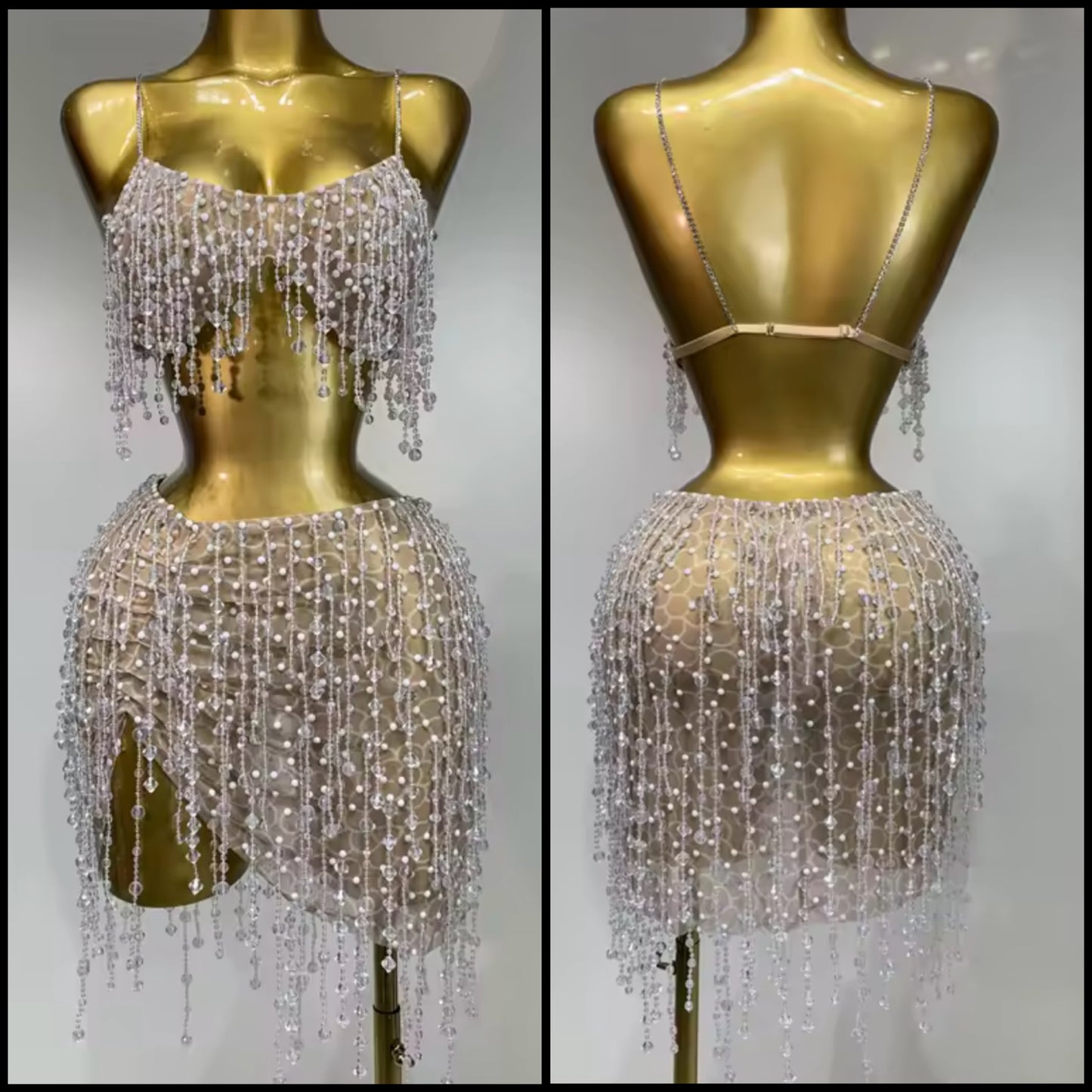 Sexy Sleeveless Pearl Beaded Tassel Skirt Set