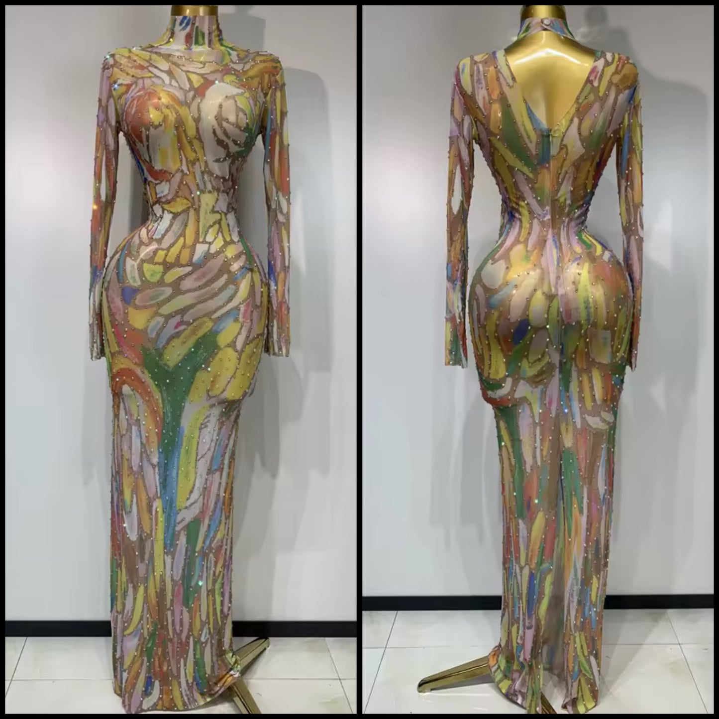 Multicolored Rhinestone Full Sleeve Floor-Length Dress