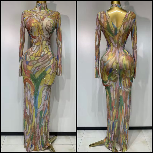 Multicolored Rhinestone Full Sleeve Floor-Length Dress