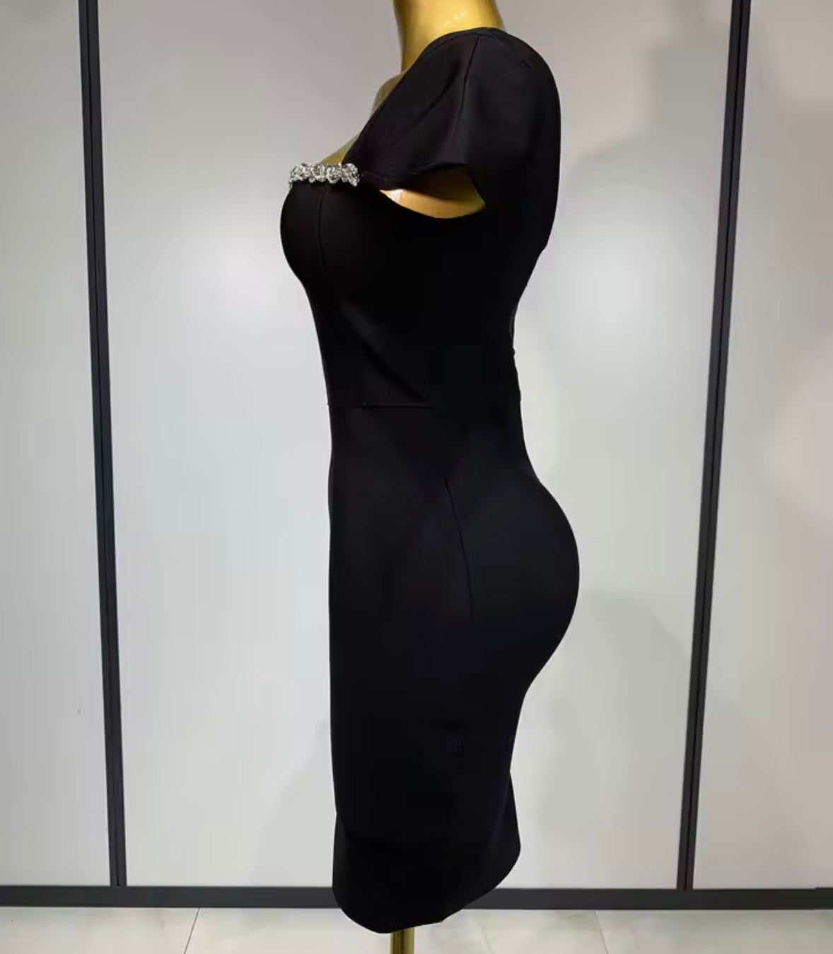 Elegant Rhinestone Short Sleeve Back Zipper Dress