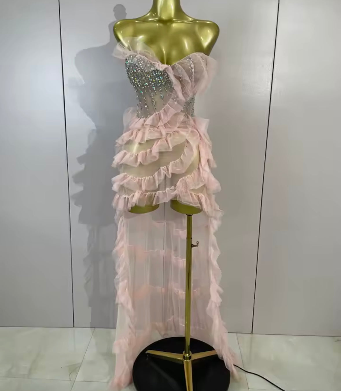 Pink Strapless Sexy Rhinestone Ruffle Asymmetrical Dress