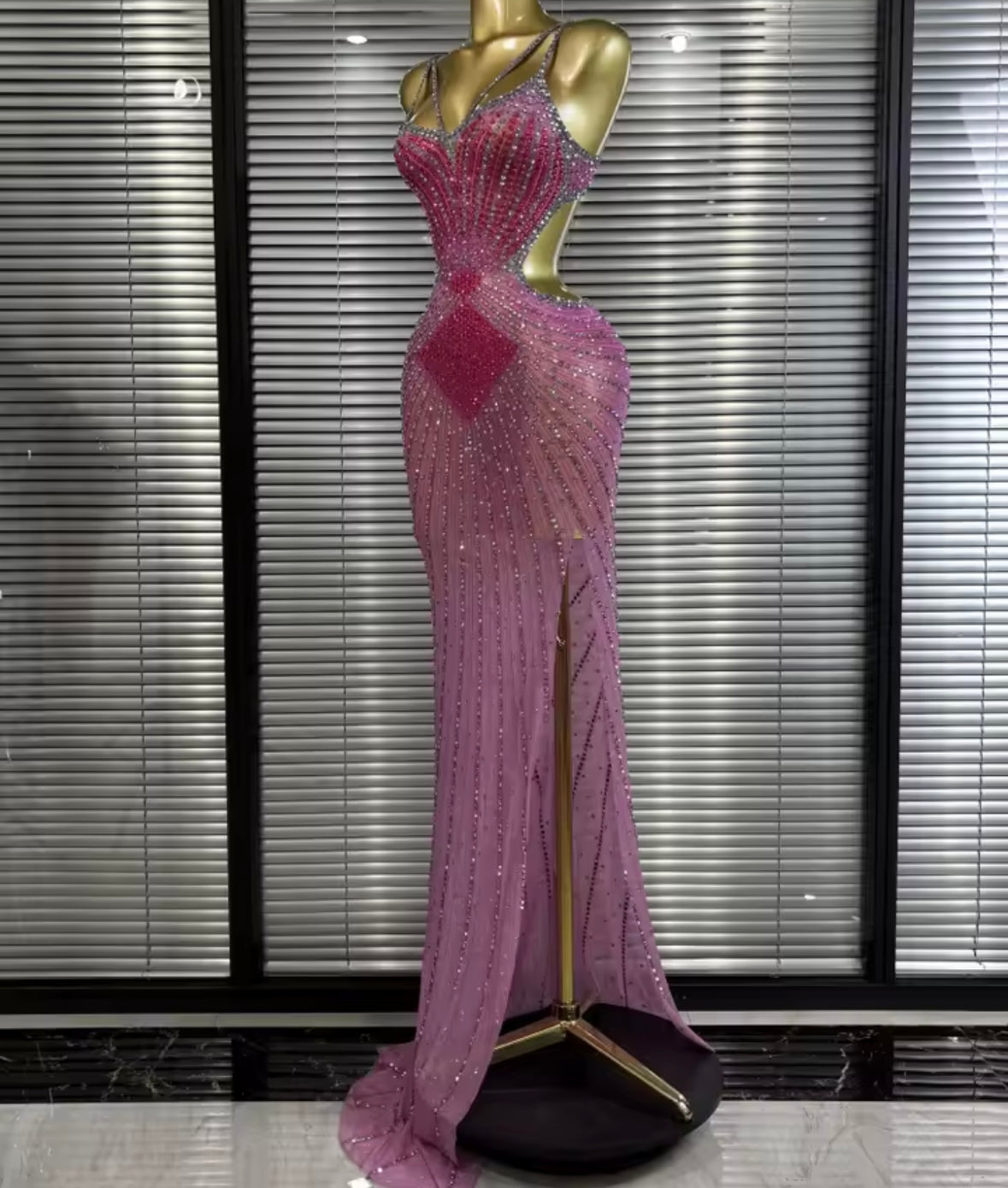 Pink Sexy Sleeveless Rhinestone Side Split Maxi Dress