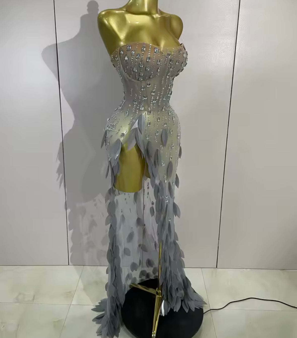 Silver Strapless Rhinestone Sequins Side Split Maxi Dress