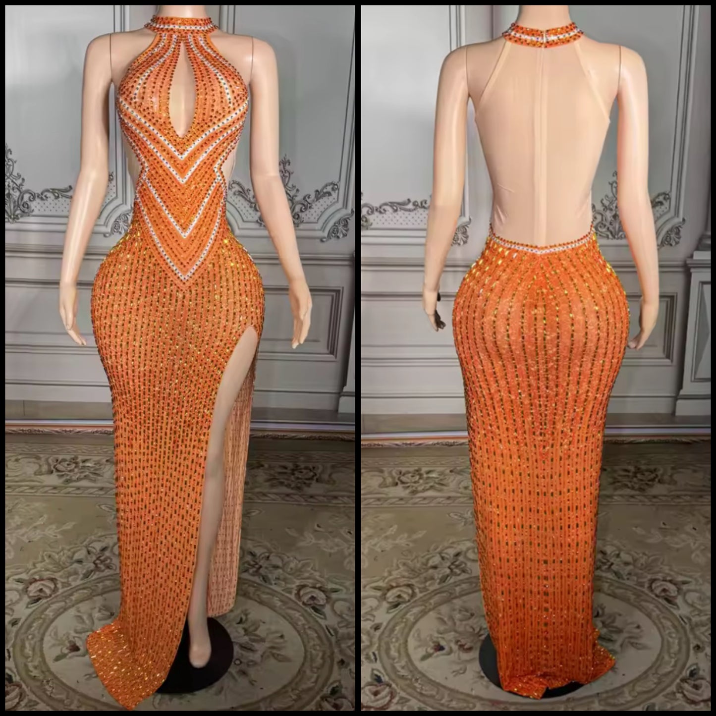 Orange Sexy Sleeveless Rhinestone Side Split Maxi Dress