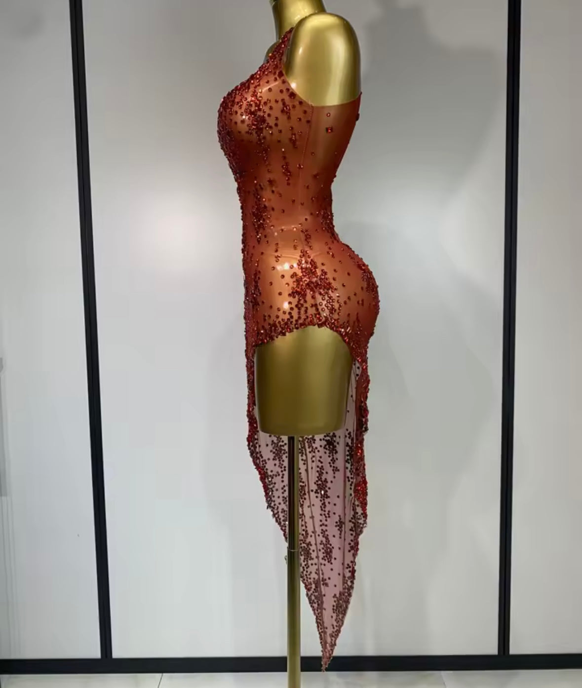 Sexy Sleeveless See Through Rhinestone Asymmetrical Dress