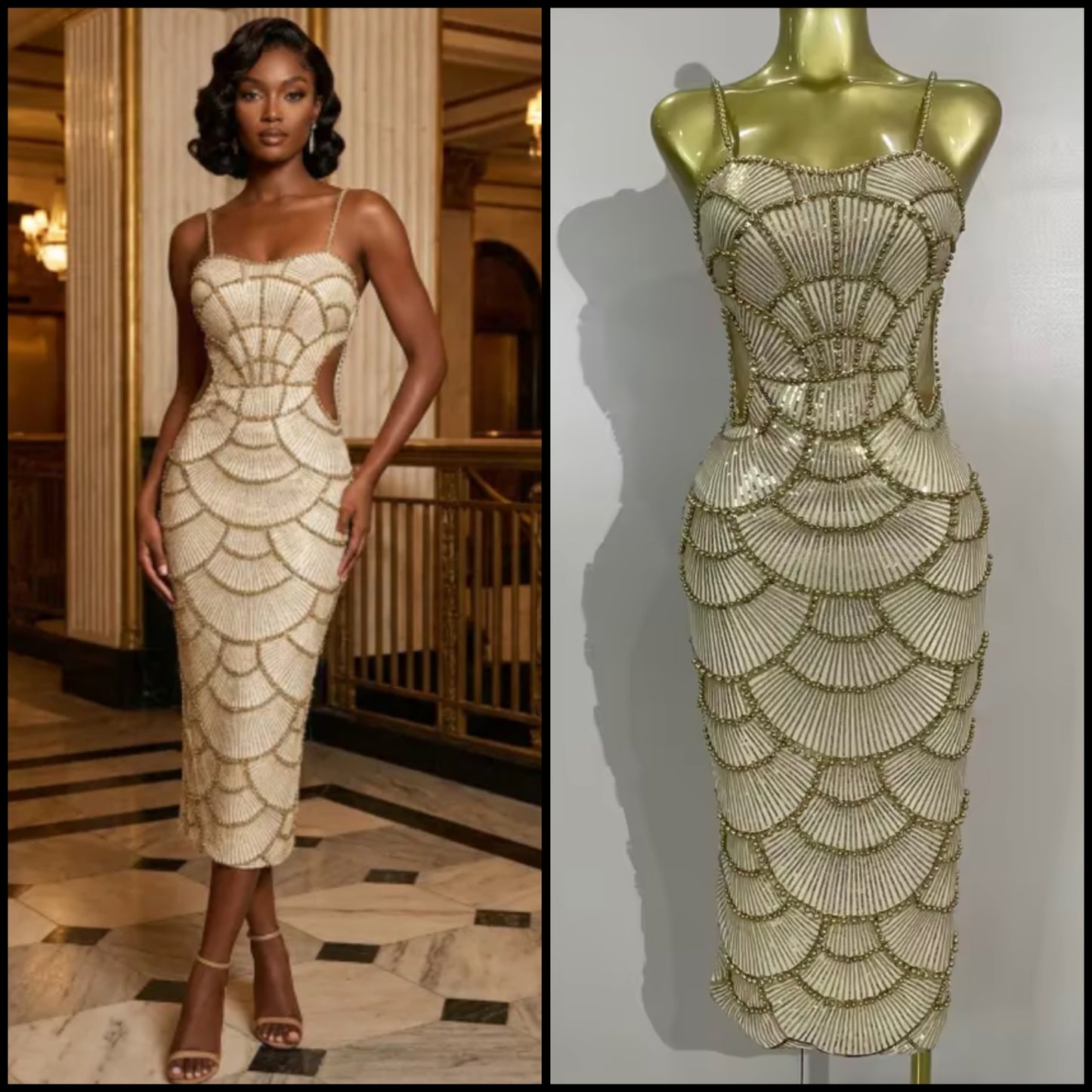 Sexy Sleeveless Pearl Beaded Sequins Hollow Out Dress