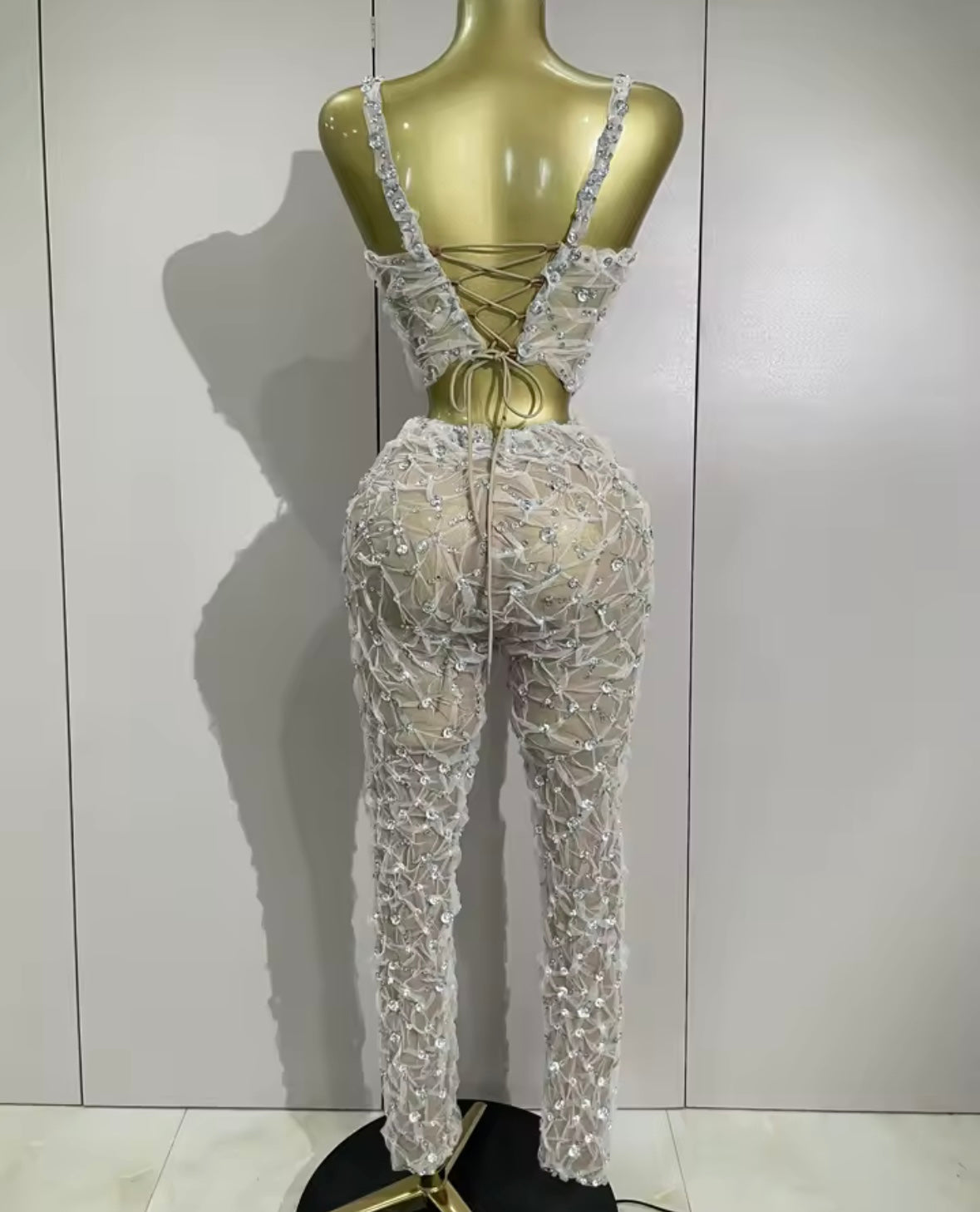 Sleeveless Rhinestone Crop Tank Two Piece Sexy Pant Set