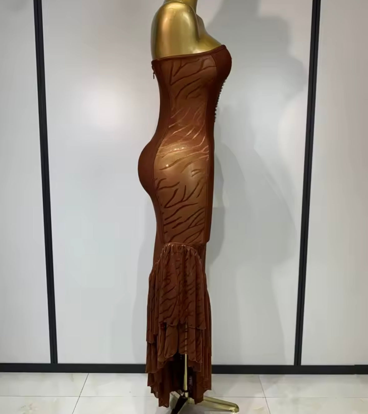 Brown Sexy Strapless Cut Out Rhinestone Ruffle Maxi Dress