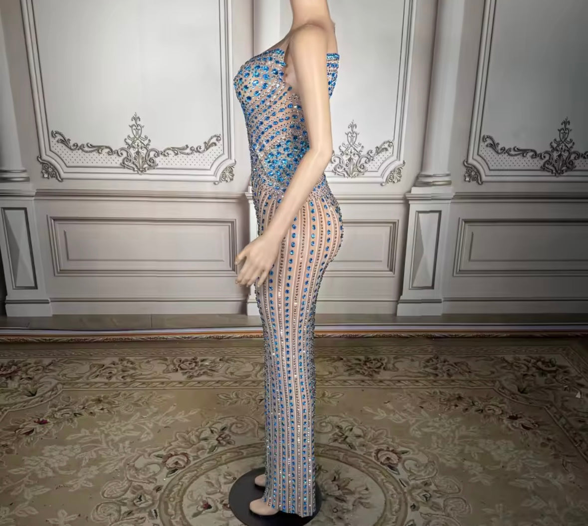 Sexy Sleeveless Blue Rhinestone Embellishment Maxi Dress
