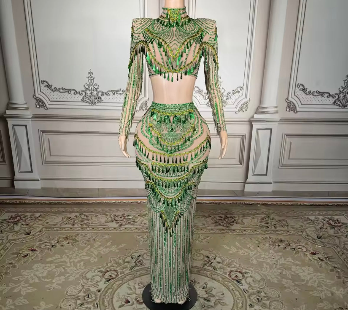 Green Sexy See Through Full Sleeve Rhinestone Tassel Skirt Set