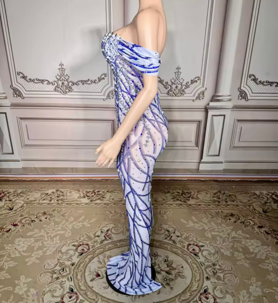 Sexy Off The Shoulder Beaded Rhinestone Floor-Length Dress