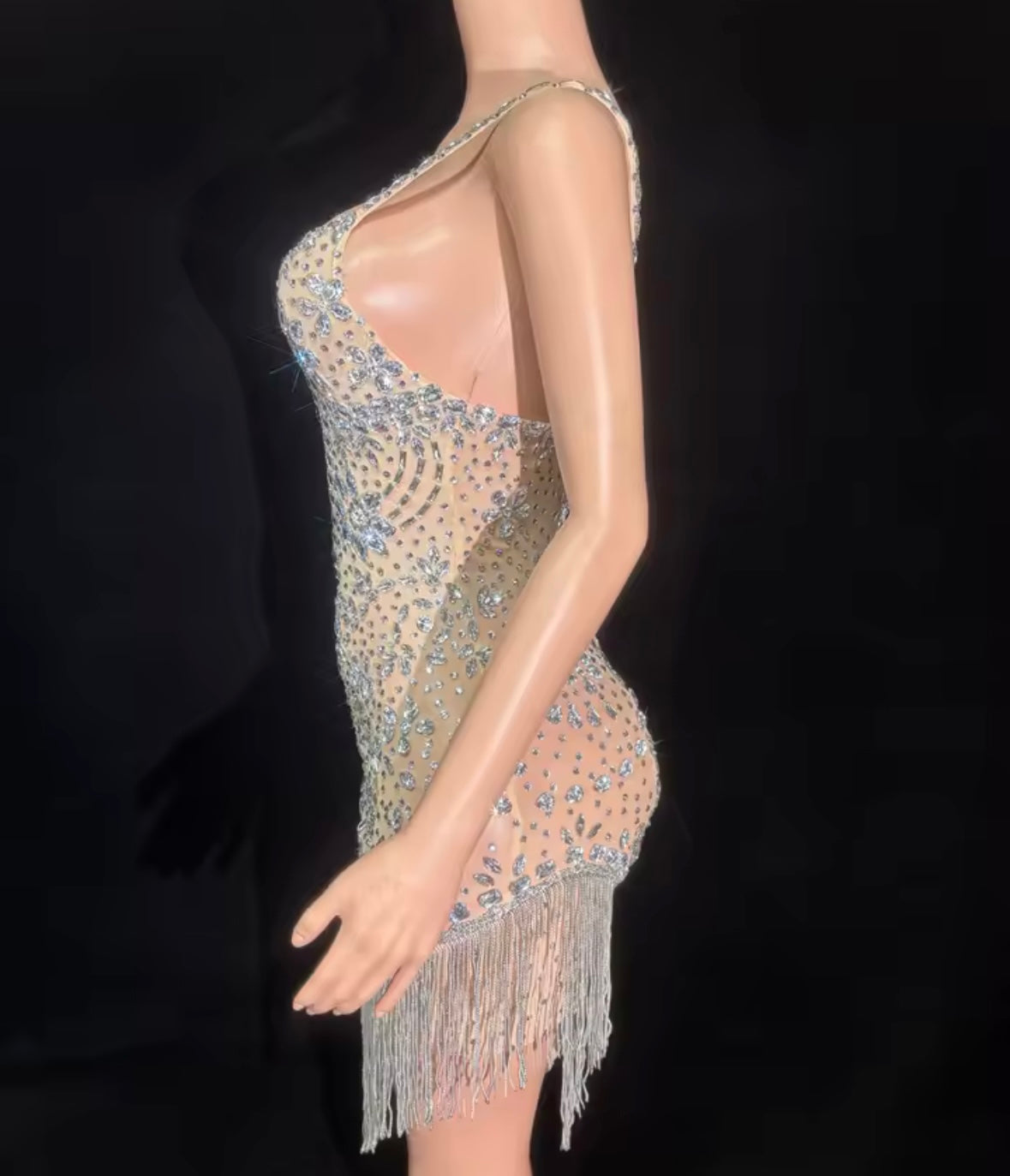 Sexy Sleeveless Rhinestone Embellishment Tassel Dress