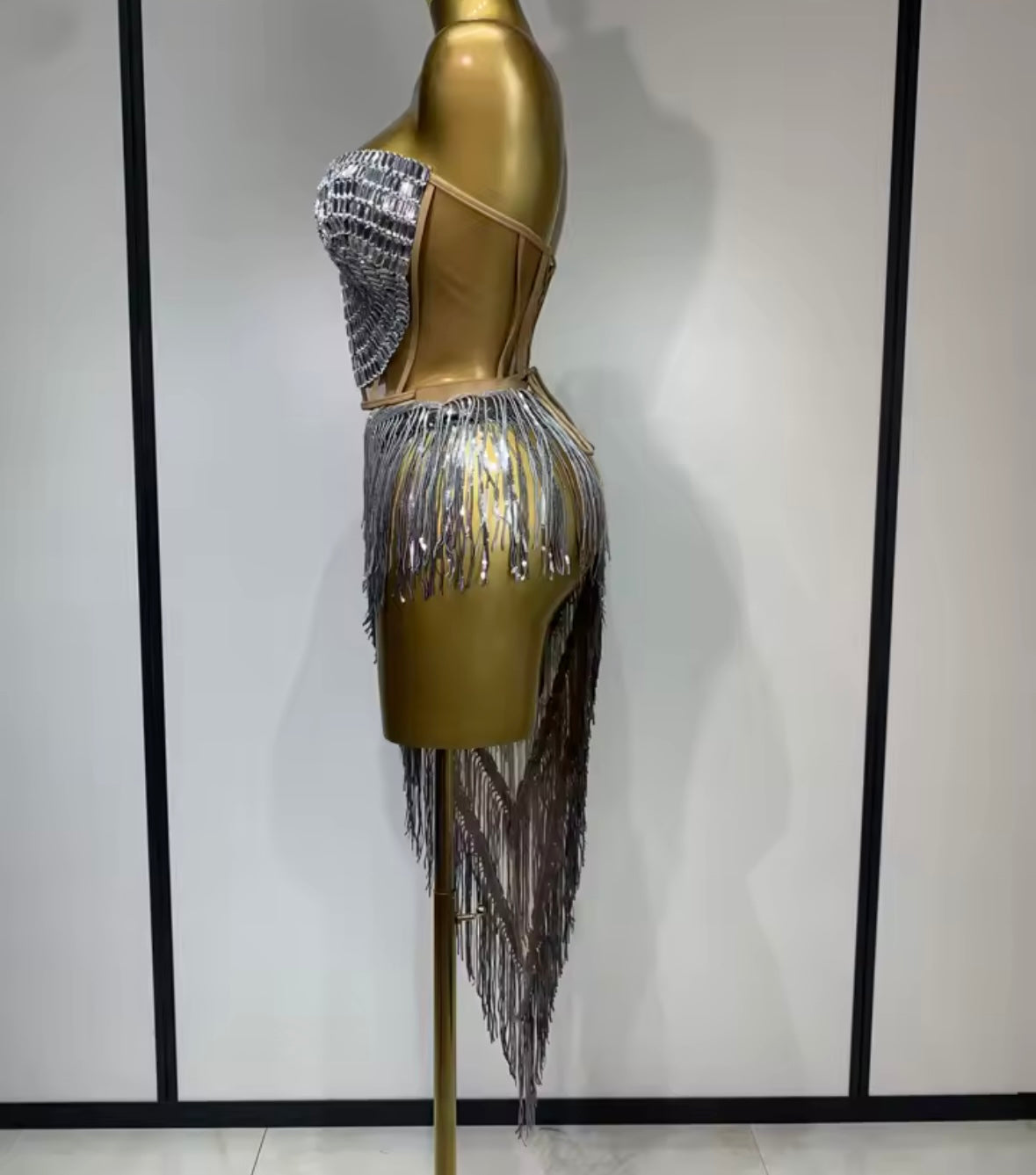 Silver Sexy Strapless Rhinestone Asymmetrical Tassel Two Piece Skirt Set