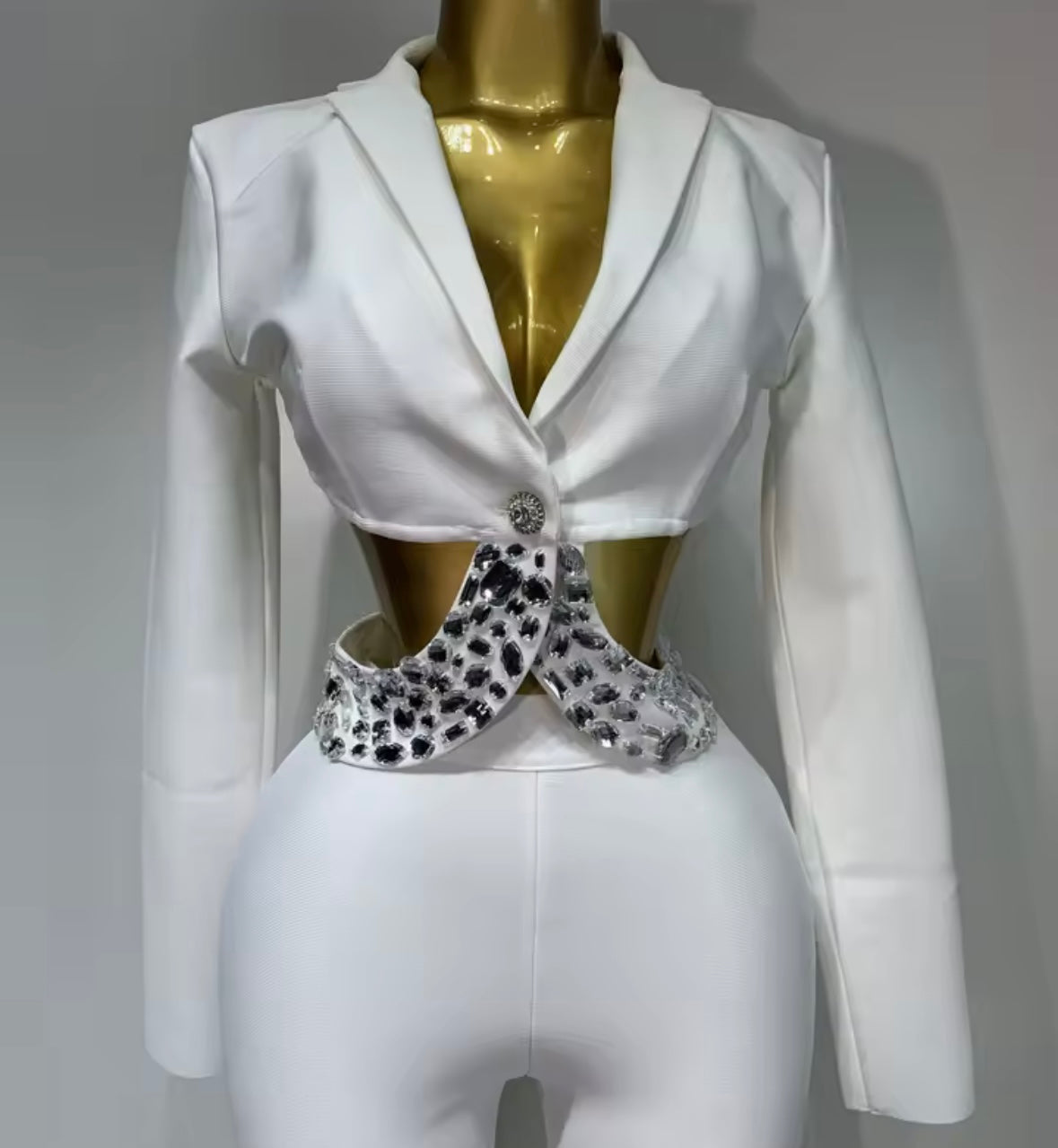 Sexy Crystal Beaded Embellished Band Blazer Two Piece Pant Set