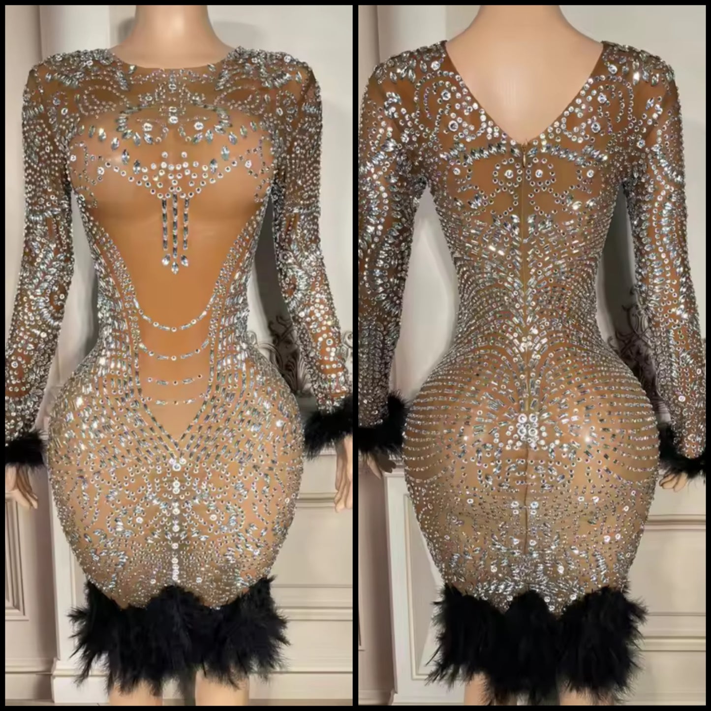 Sexy Rhinestone Embellishment Feather Full Sleeve Dress
