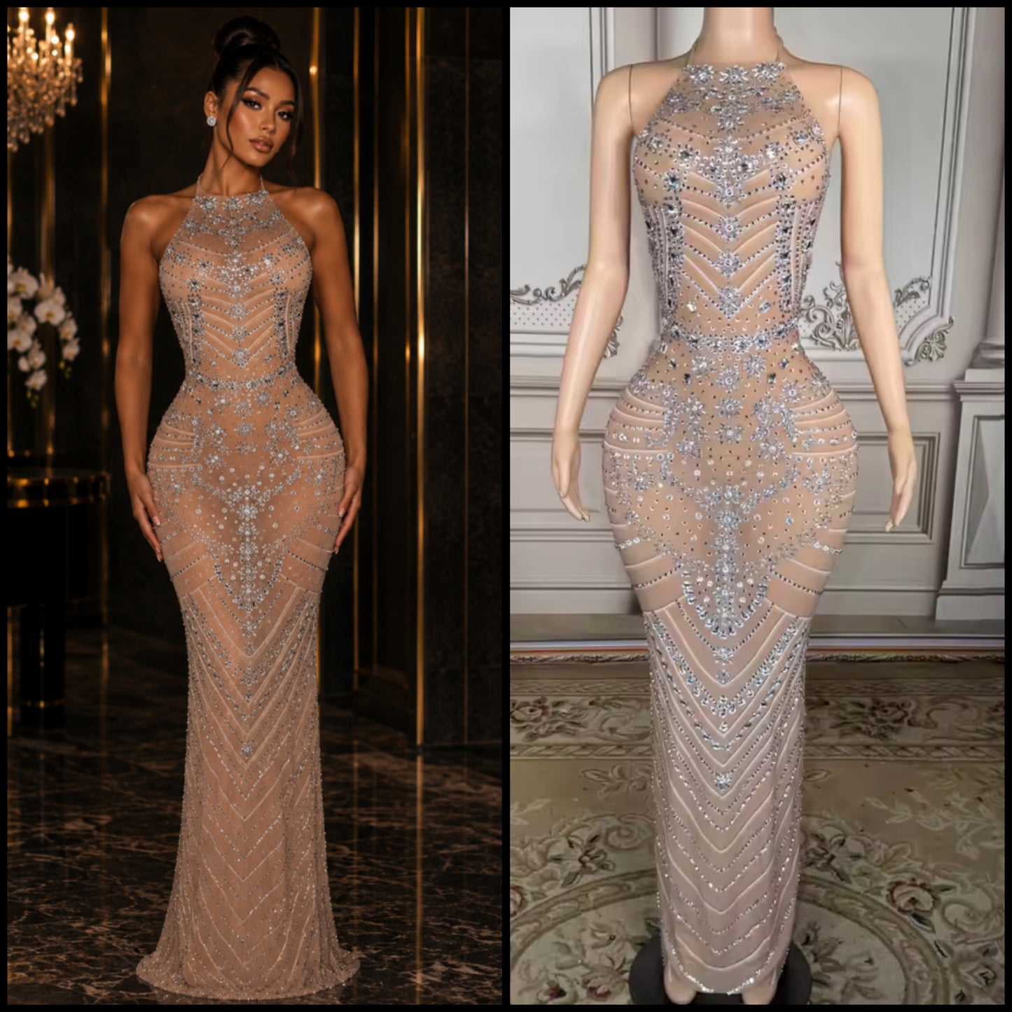 Sexy Halter Sleeveless Rhinestone Embellishment Maxi Dress