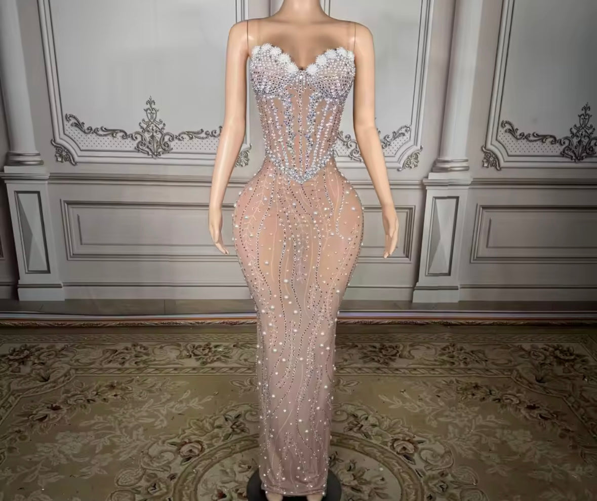 Sexy Sleeveless Beaded Rhinestone See Through Maxi Dress