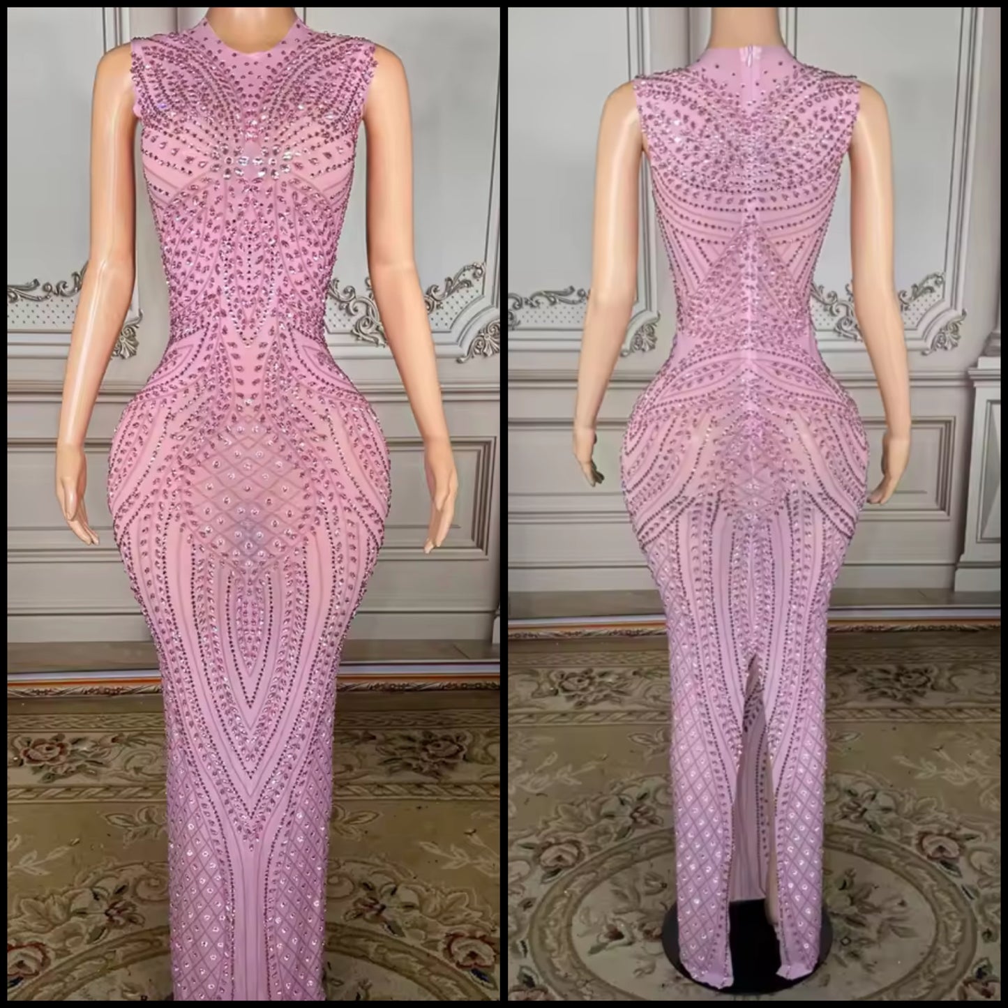 Sexy Pink Sleeveless Rhinestone Embellishment Maxi Dress