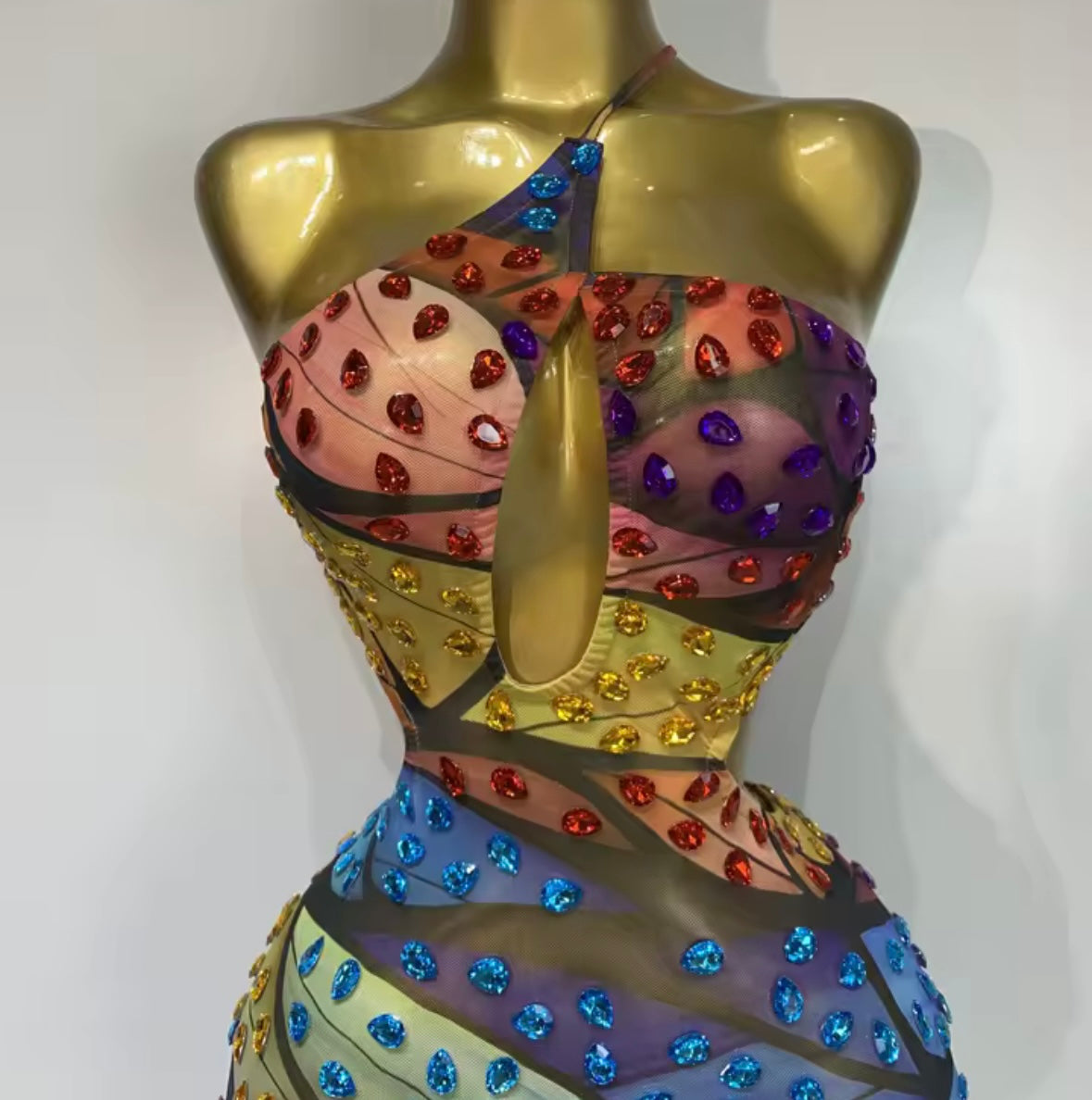 Sexy One Shoulder Sleeveless Multicolored Rhinestone Dress