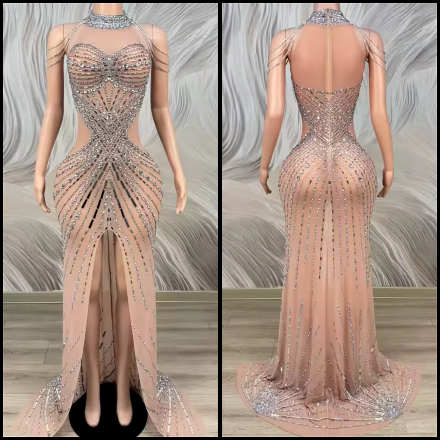 Sexy Sleeveless Chain Rhinestone Front Split Floor-Length Dress