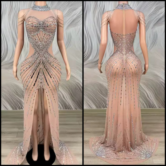 Sexy Sleeveless Chain Rhinestone Front Split Floor-Length Dress