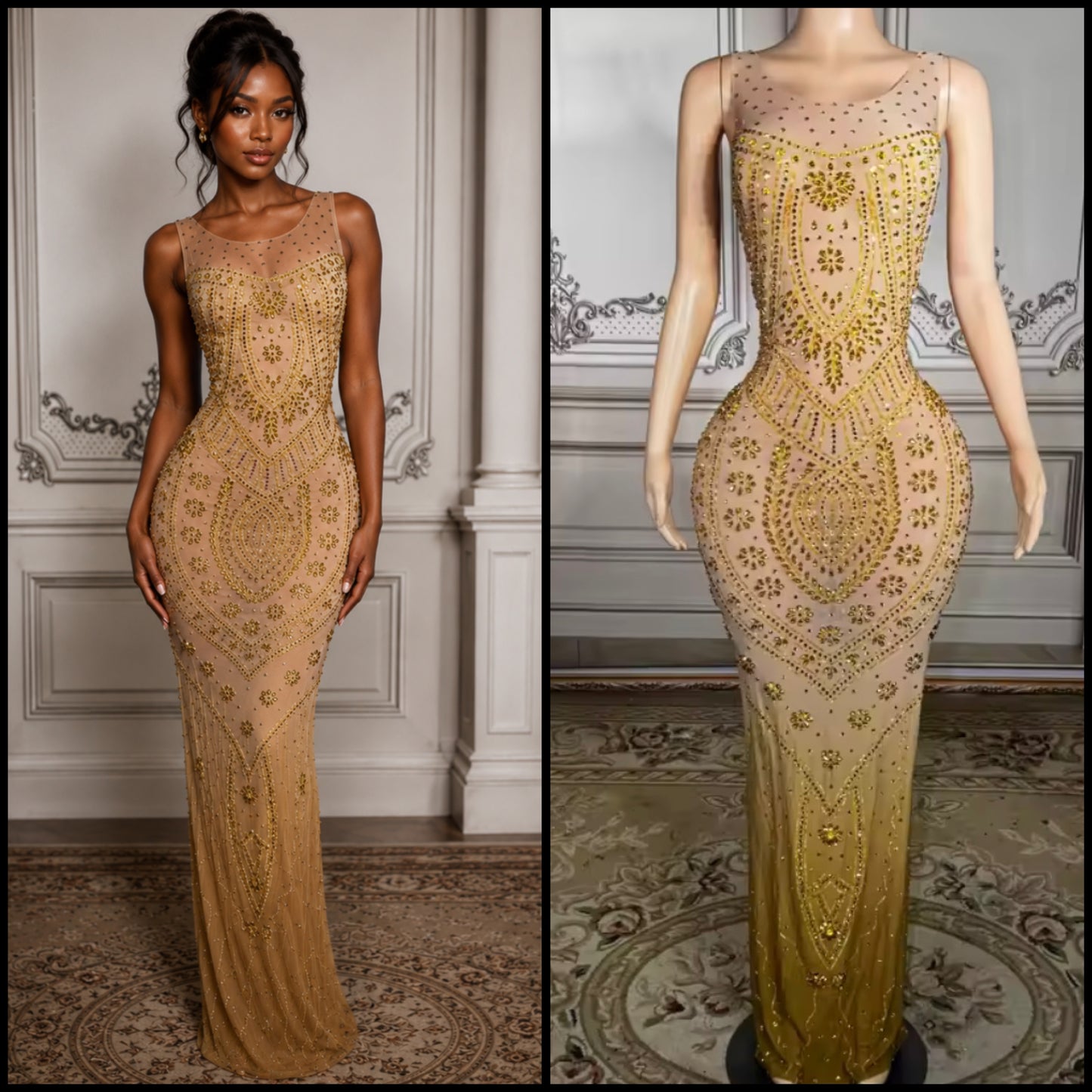 Gold Rhinestone Embellishment See Through Sleeveless Maxi Dress