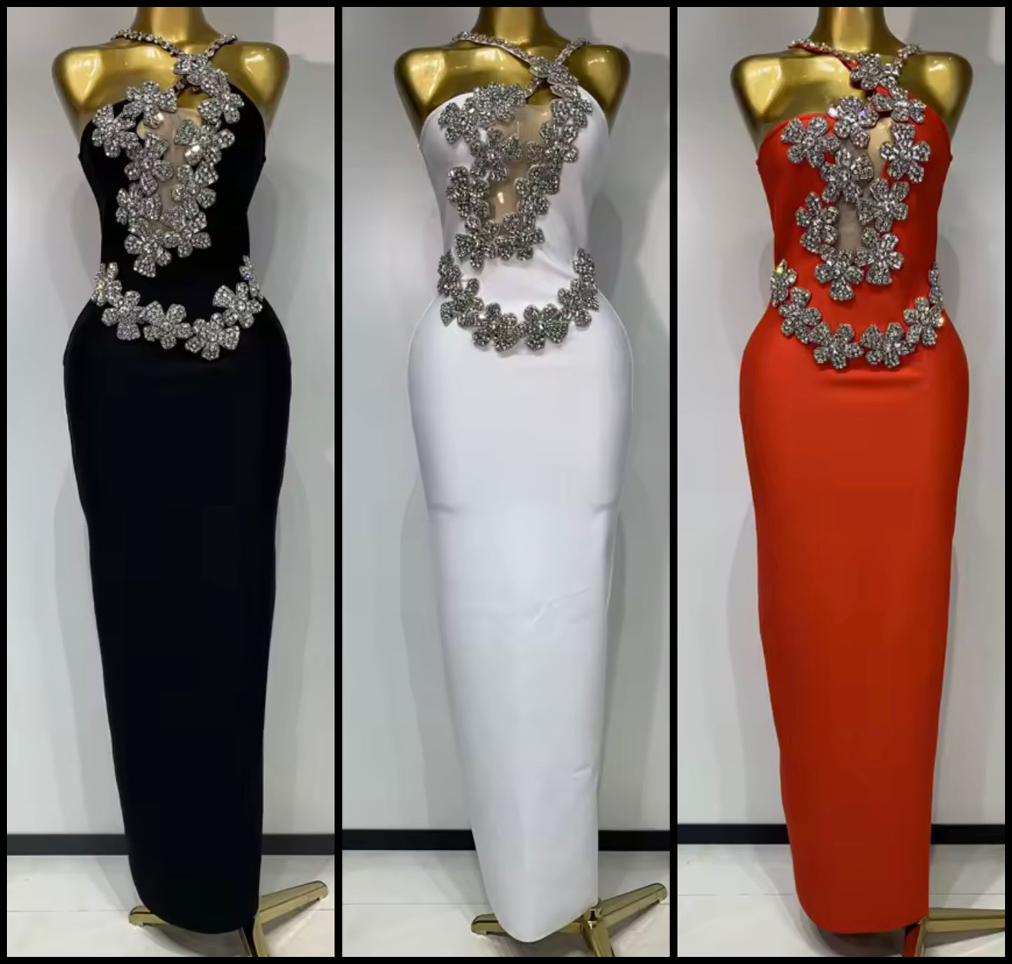 Sexy Sleeveless Floral Rhinestone Maxi Dress