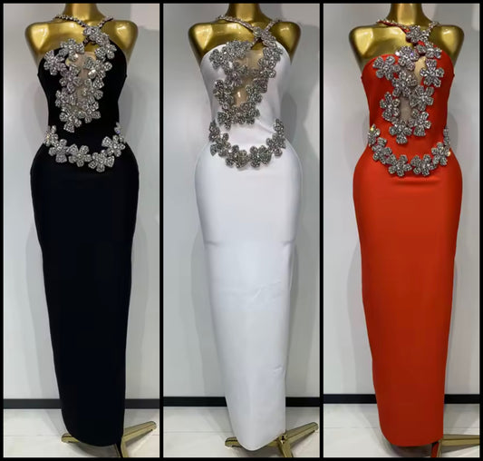 Sexy Sleeveless Floral Rhinestone Maxi Dress