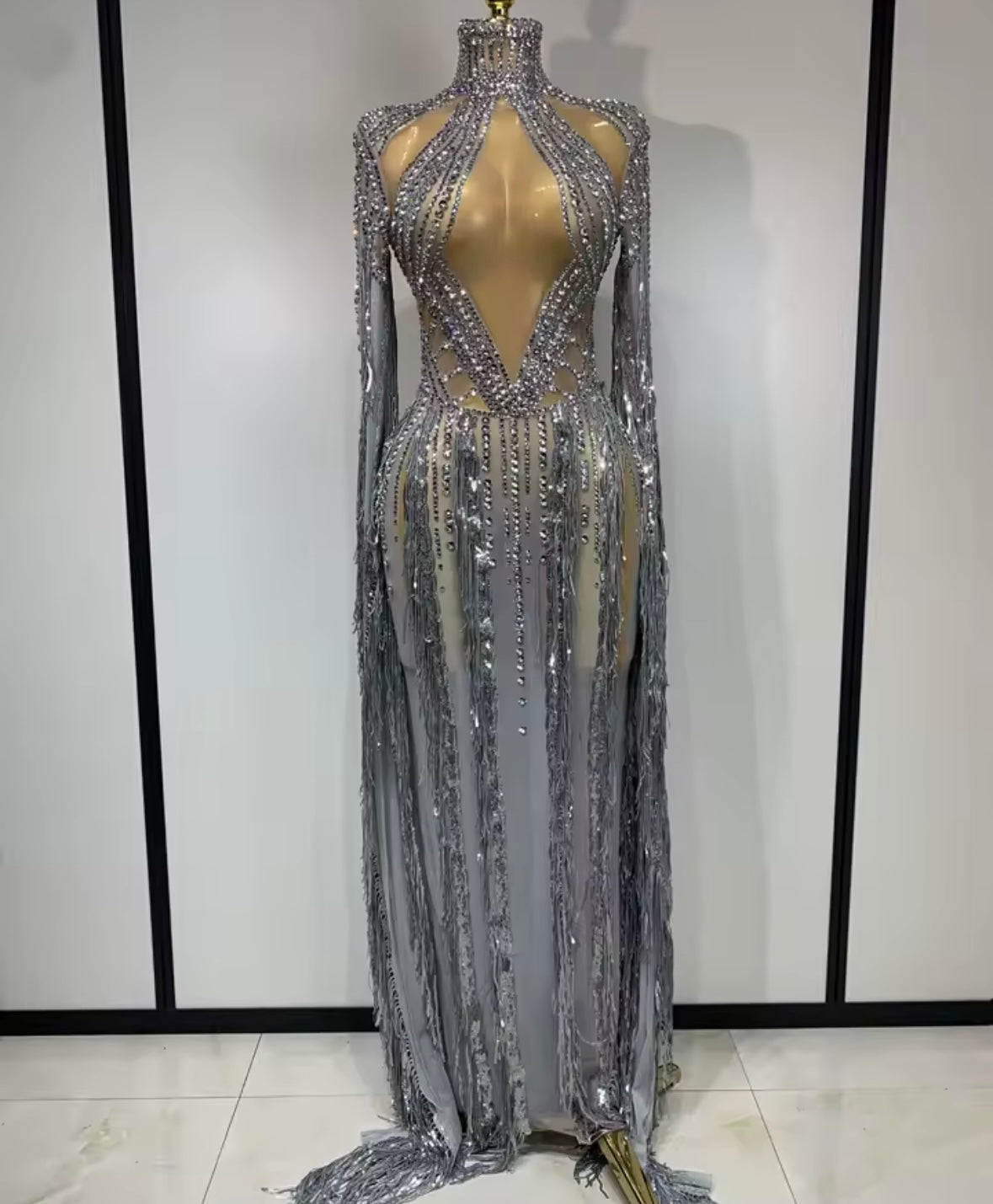 Silver Sexy Sequins Rhinestone Tassel See Through Maxi Dress