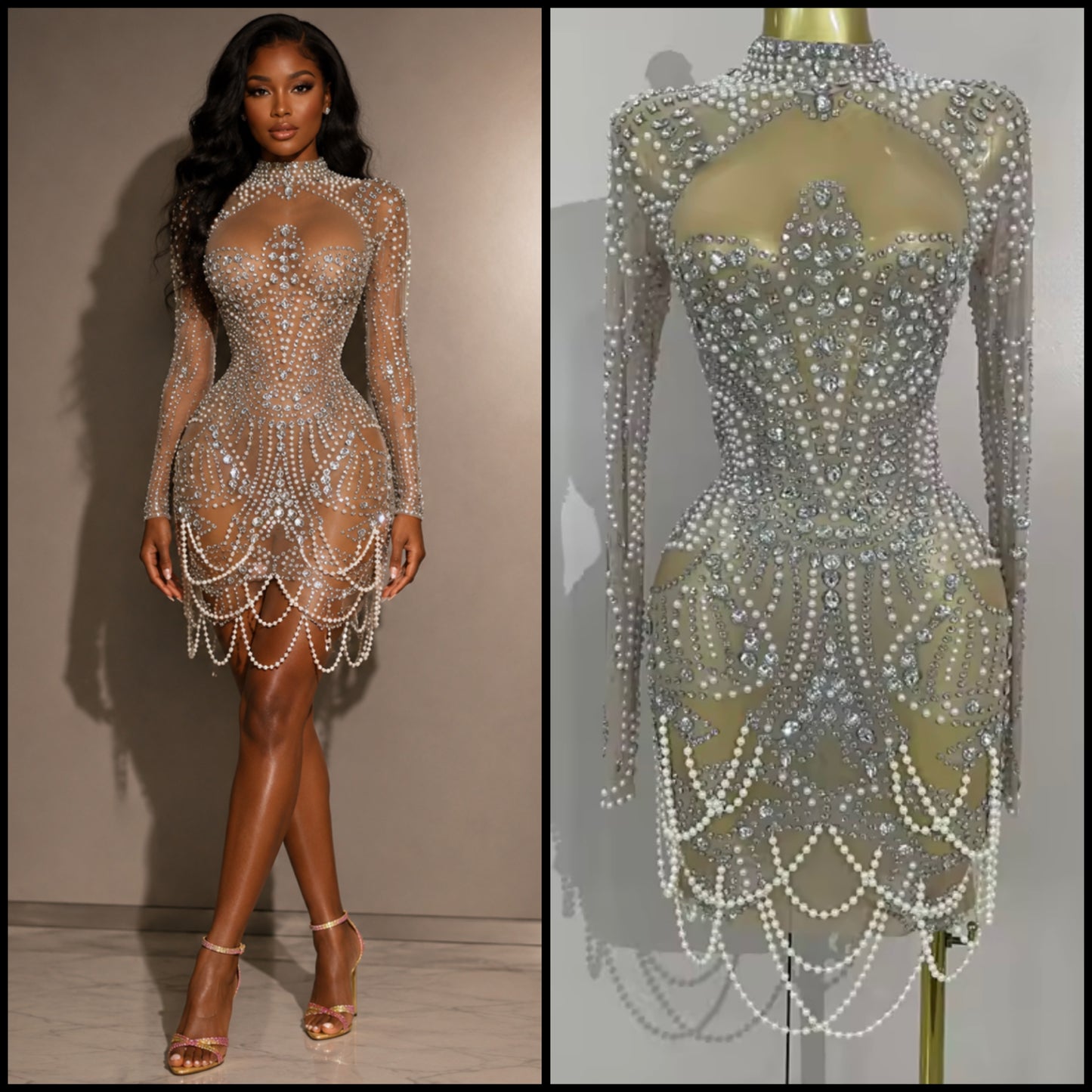 Sexy Pearl Rhinestone See Through Full Sleeve Dress