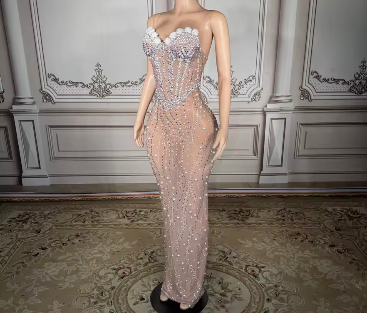 Sexy Sleeveless Beaded Rhinestone See Through Maxi Dress
