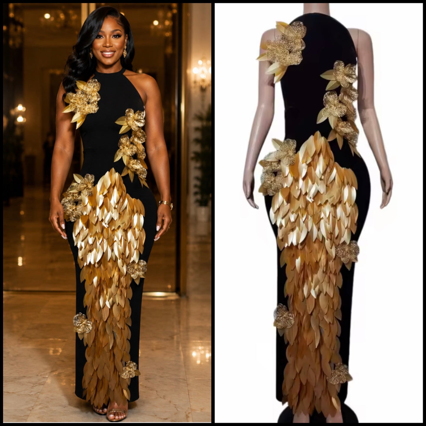 Elegant Black Sleeveless Gold Floral Maxi Dress