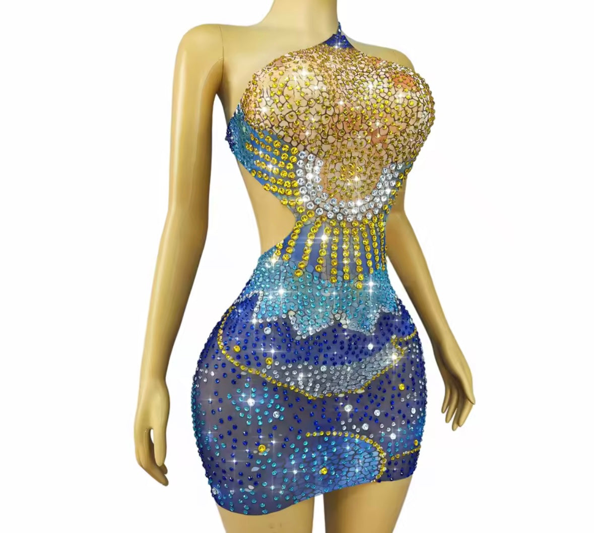 Sexy One Shoulder Sleeveless Open Back Rhinestone Dress