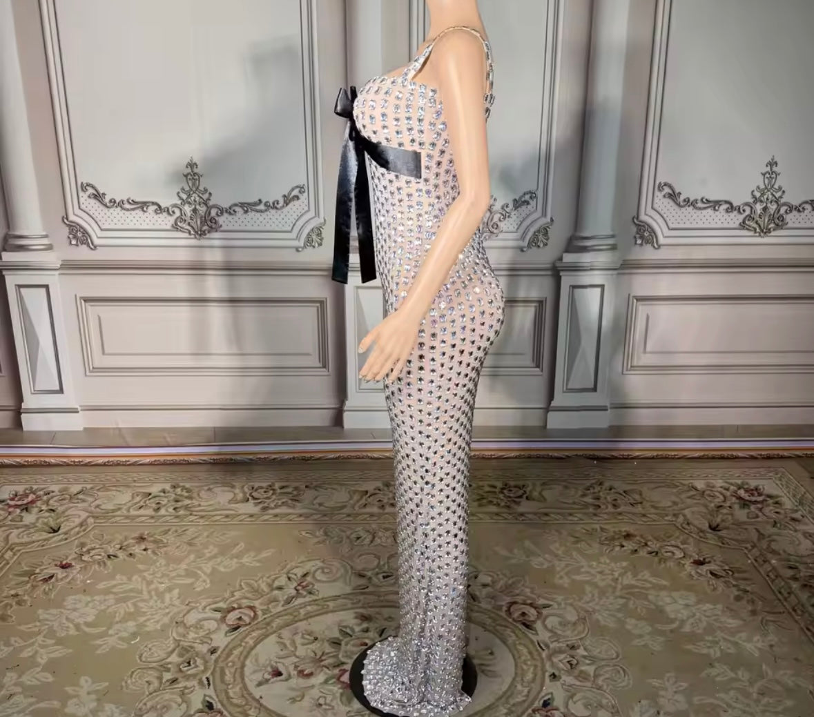 Rhinestone Sleeveless Bow Sexy Floor-Length Dress