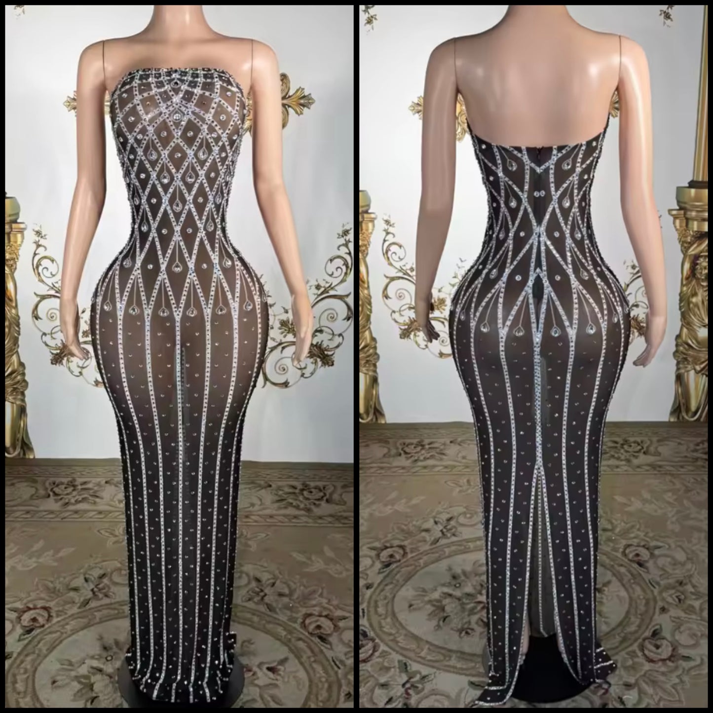 Black Sexy Strapless Rhinestone Embellishment Maxi Dress