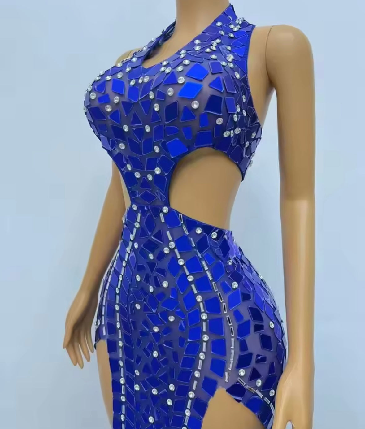Blue Halter Open Back Sleeveless Mirror Rhinestone Maxi Dress