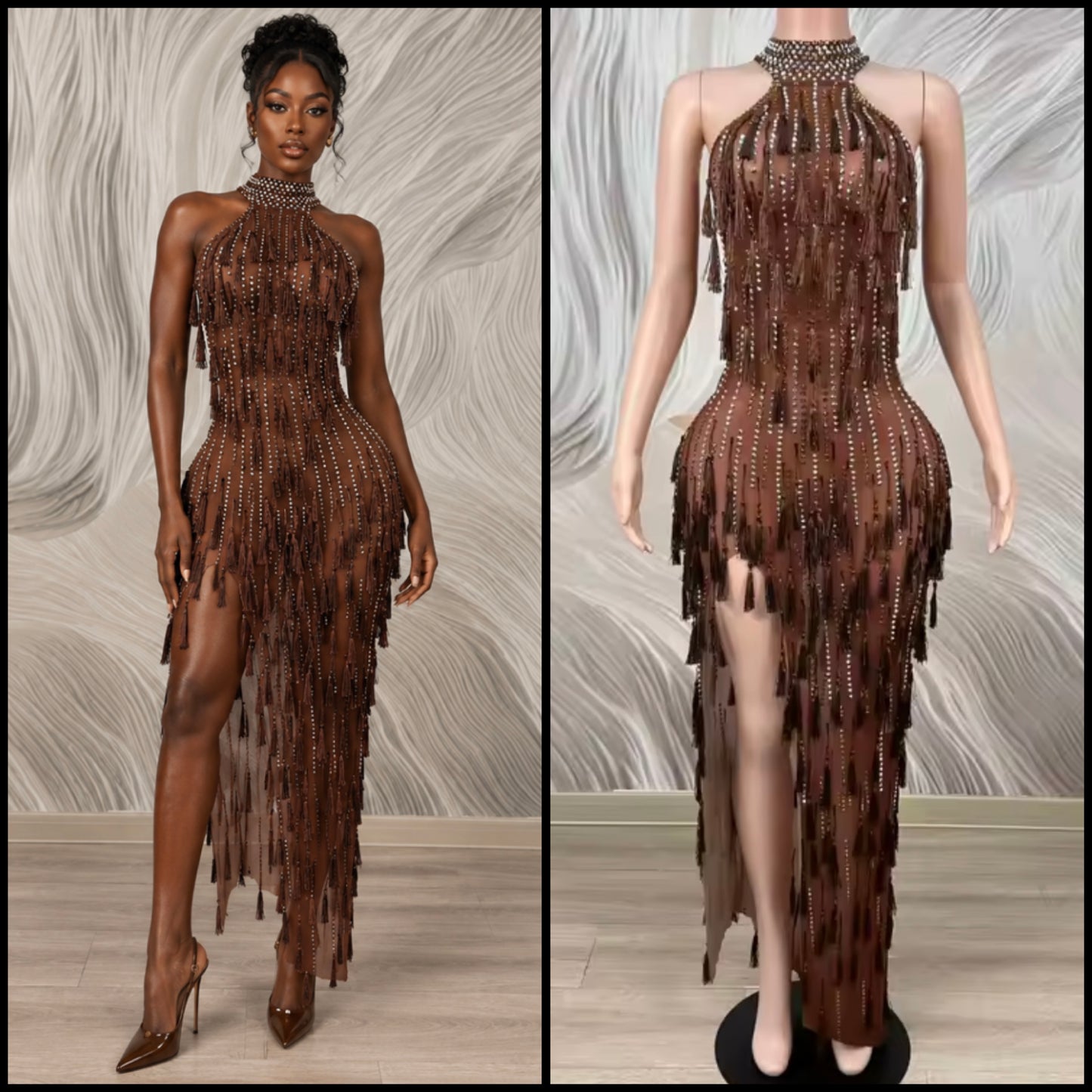Brown Sexy Sleeveless See Through Rhinestone Tassel Dress