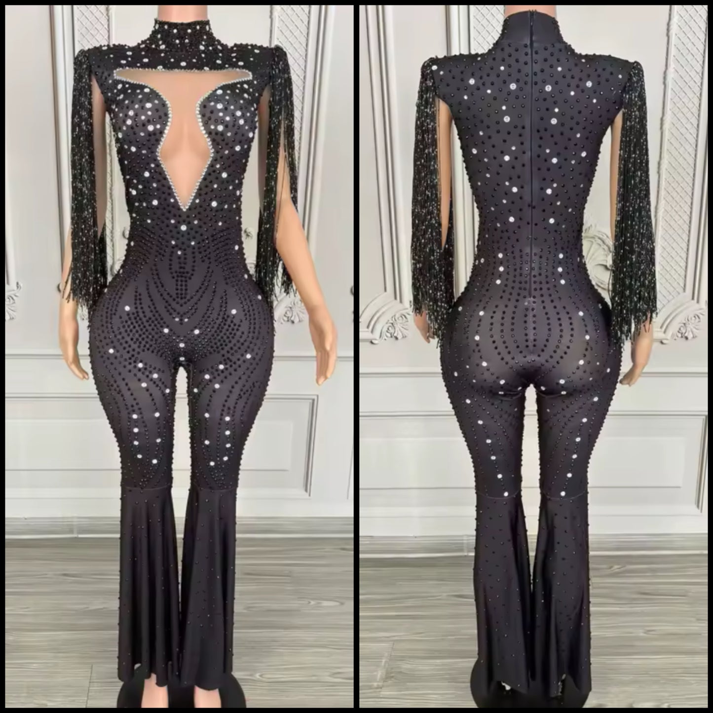 Black Rhinestone Tassel Sleeveless Jumpsuit