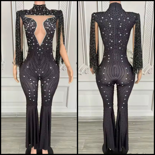 Black Rhinestone Tassel Sleeveless Jumpsuit