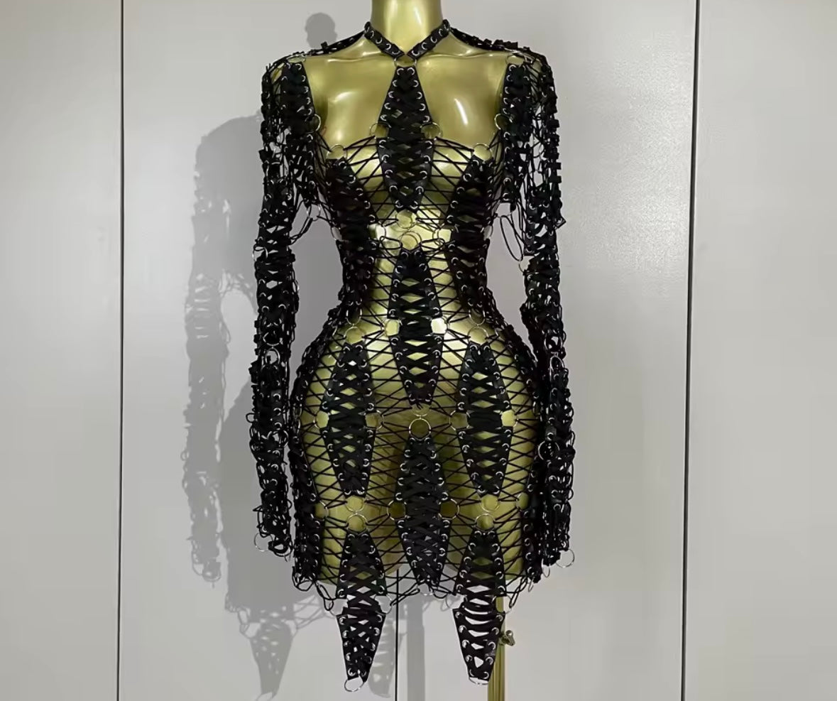 Sexy Black Open Back Full Sleeve Lace Up Dress