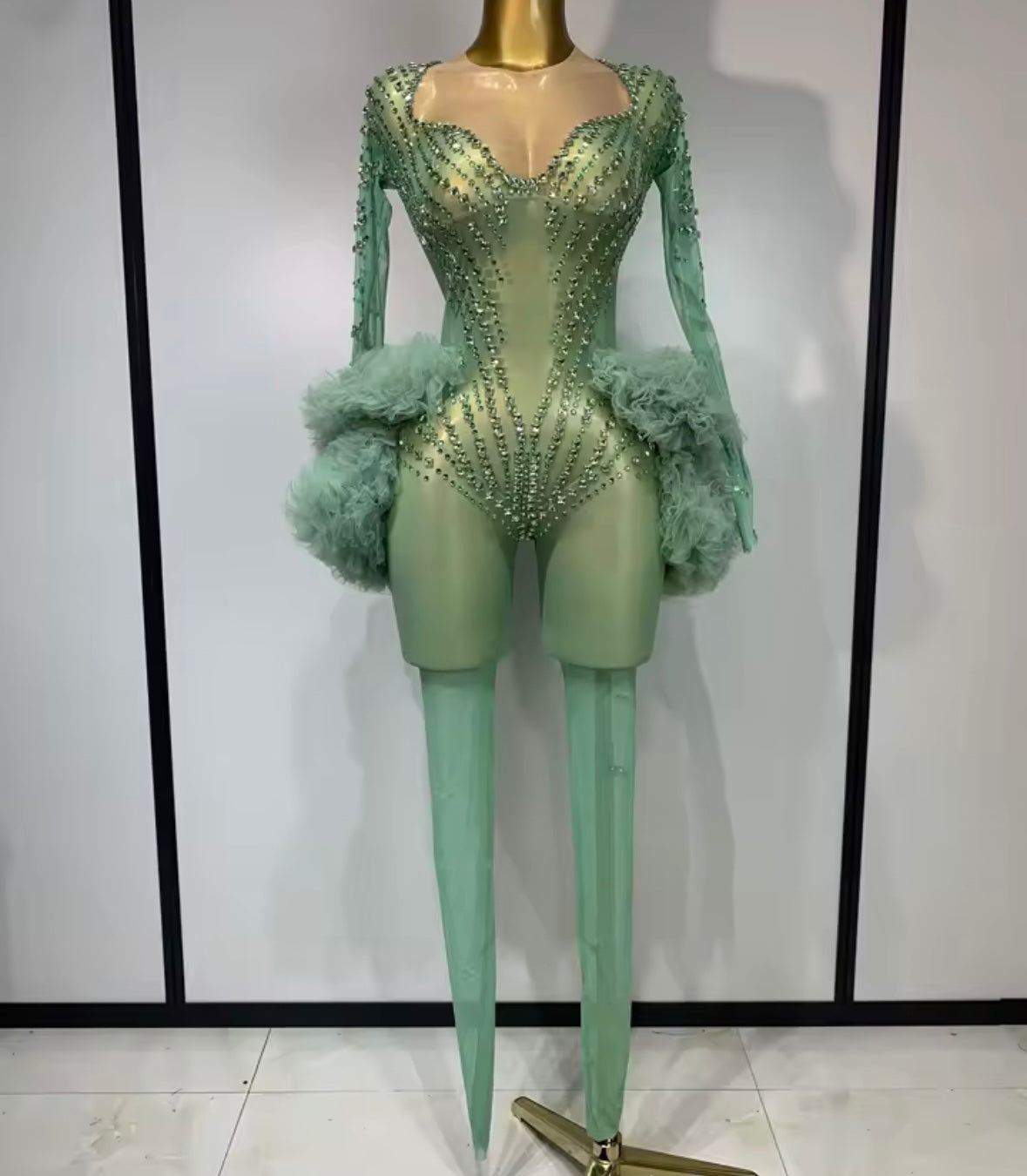Green See Through Rhinestone Ruffle Full Sleeve Jumpsuit