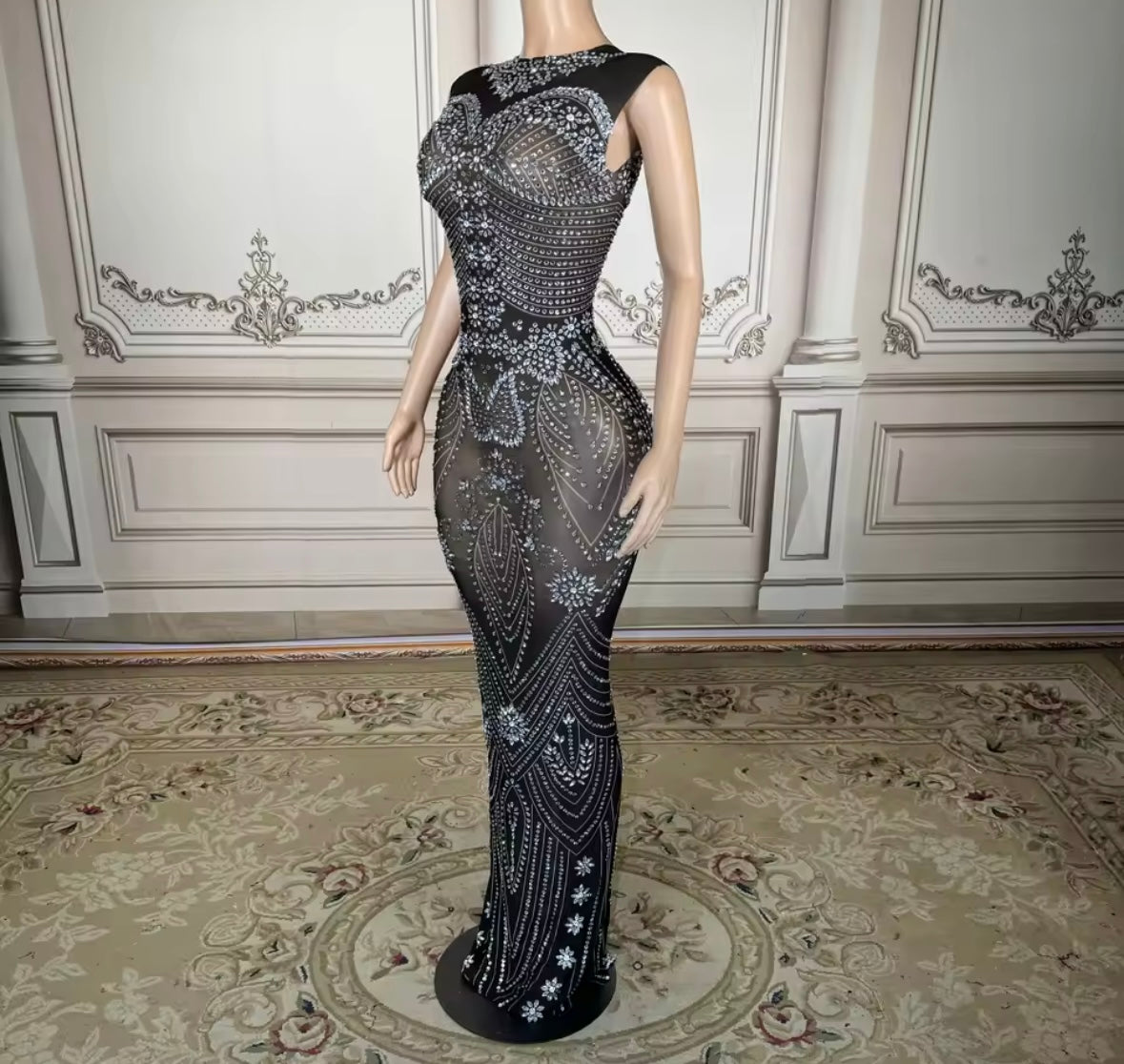 Sexy Sleeveless Black Rhinestone Embellishment Maxi Dress