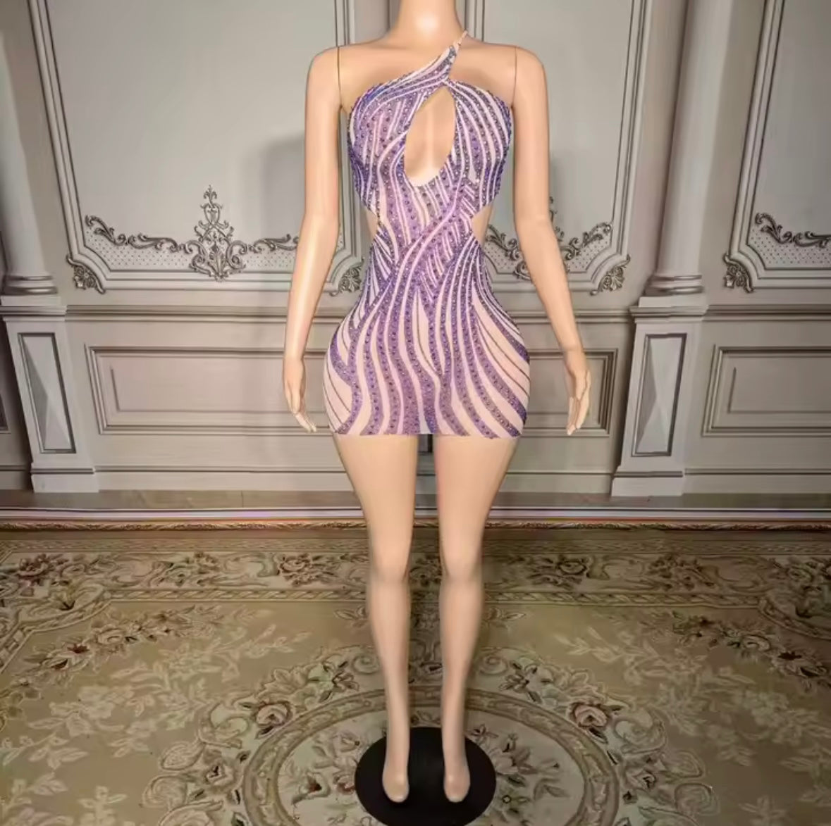 Sexy Striped Rhinestone Halter Sleeveless Open Back Dress