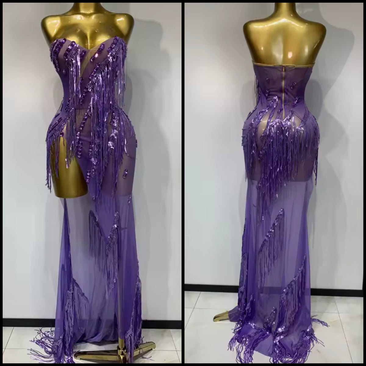 Purple Sexy Strapless Rhinestone Fringe Tassel Side Split Maxi Dress