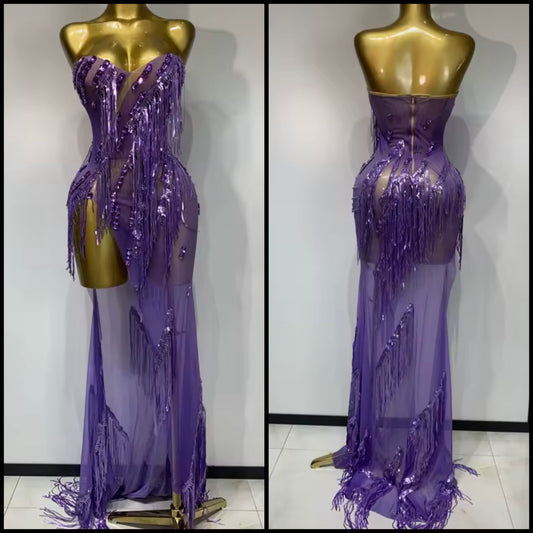 Purple Sexy Strapless Rhinestone Fringe Tassel Side Split Maxi Dress