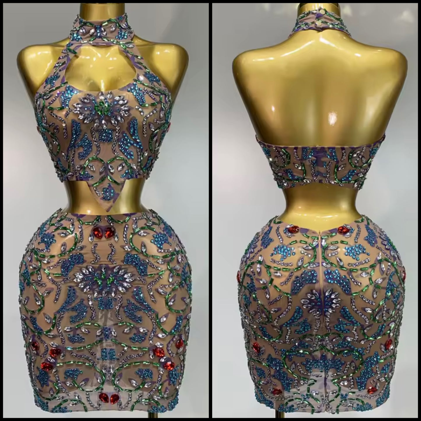 Sexy Halter Sleeveless Color Crystal Skirt Set