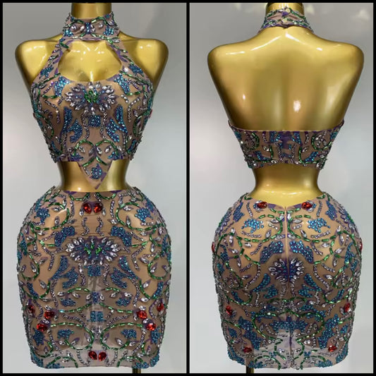 Sexy Halter Sleeveless Color Crystal Skirt Set