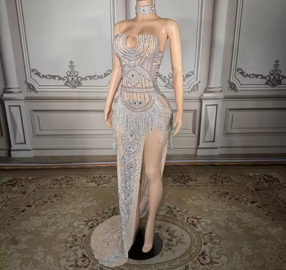 Sexy Choker Sleeveless Side Split Rhinestone Tassel Maxi Dress